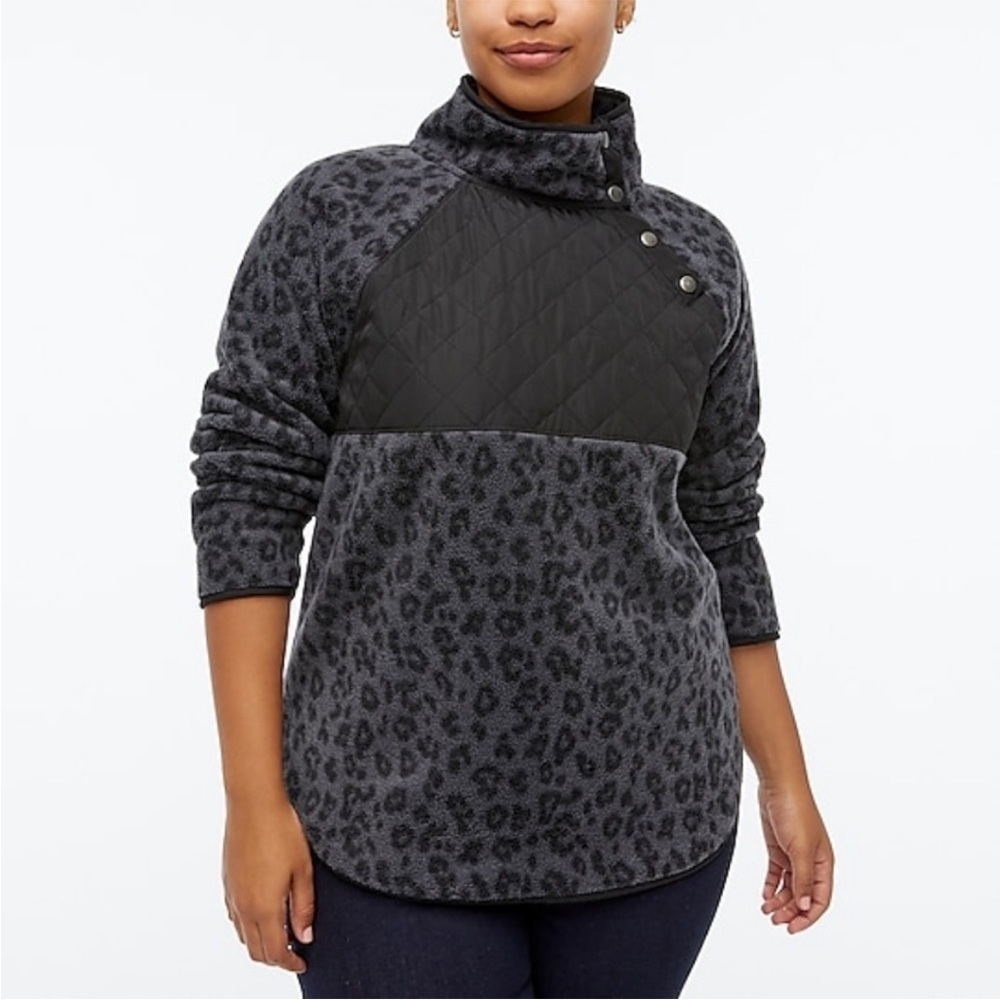 J. Crew Factory Gray Leopard Print Quilted Fleece Snap Pullover